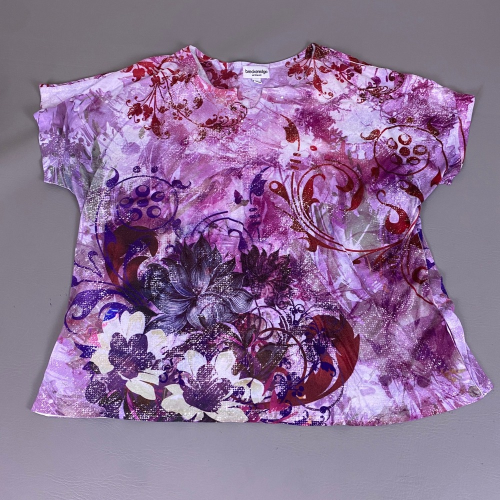 Breckenridge T-Shirt Women's Plus 2X Purple‎ Floral Abstract Rhinestone V-Neck